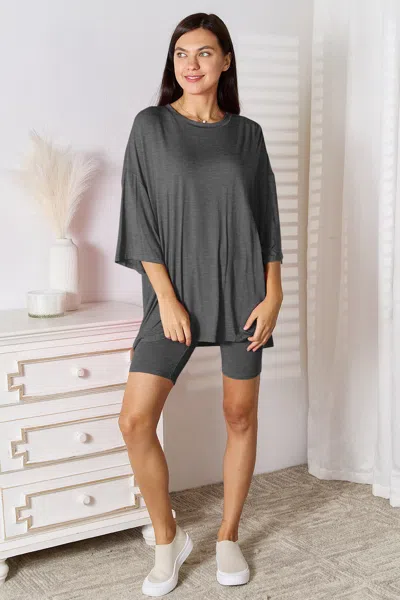 Fashnzfab Full Size Soft Rayon Three-quarter Sleeve Top And Shorts Set In Grey