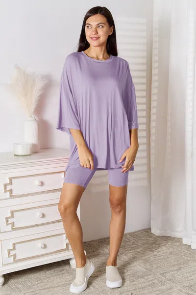 Fashnzfab Full Size Soft Rayon Three-quarter Sleeve Top And Shorts Set In Purple