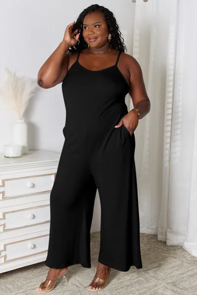 Fashnzfab Full Size Spaghetti Strap V-neck Jumpsuit In Black