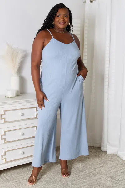 Fashnzfab Full Size Spaghetti Strap V-neck Jumpsuit In Blue