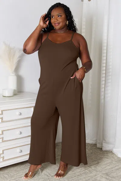 Fashnzfab Full Size Spaghetti Strap V-neck Jumpsuit In Gold