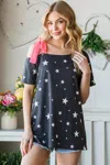 Fashnzfab Full Size Star Print Asymmetrical Neck Short Sleeve Top In Pink