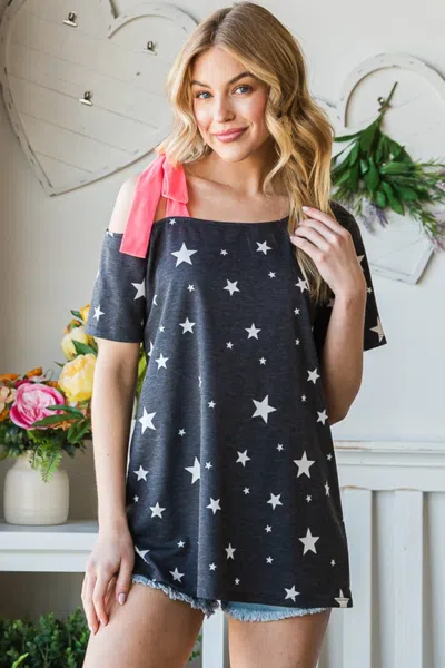 Fashnzfab Full Size Star Print Asymmetrical Neck Short Sleeve Top In Pink