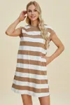 Fashnzfab Full Size Striped Round Neck Cap Sleeve Mini Dress In Brown
