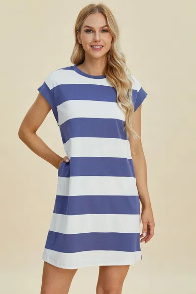 Fashnzfab Full Size Striped Round Neck Cap Sleeve Mini Dress In Multi