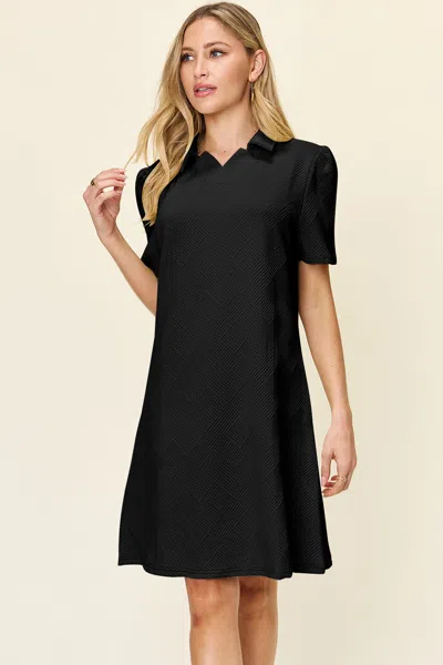 Fashnzfab Full Size Texture Collared Neck Short Sleeve Dress In Black