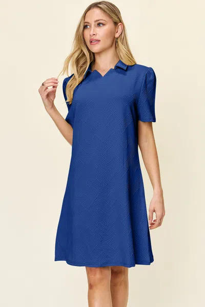 Fashnzfab Full Size Texture Collared Neck Short Sleeve Dress In Blue