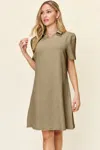 Fashnzfab Full Size Texture Collared Neck Short Sleeve Dress In Green