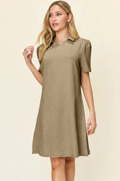 Fashnzfab Full Size Texture Collared Neck Short Sleeve Dress In Green