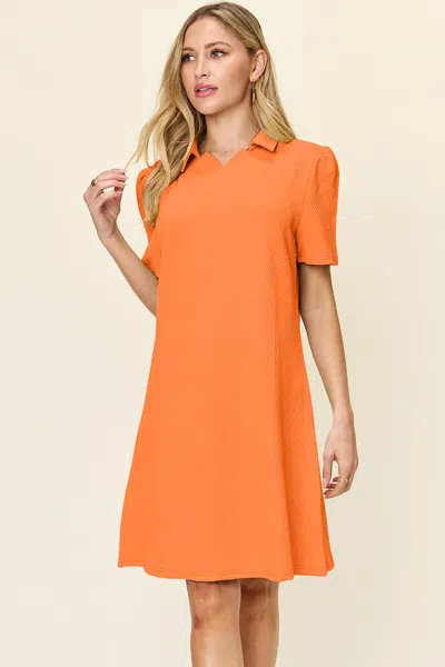 Fashnzfab Full Size Texture Collared Neck Short Sleeve Dress In Orange