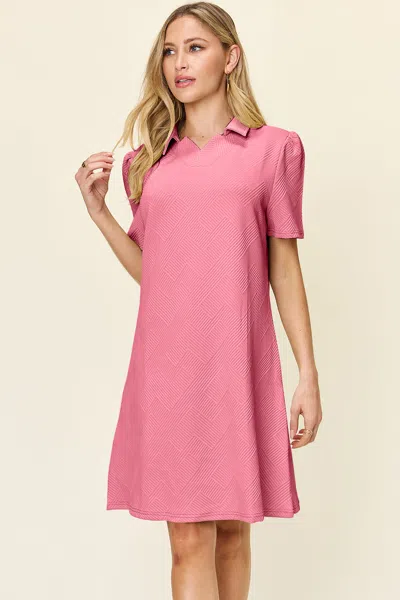 Fashnzfab Full Size Texture Collared Neck Short Sleeve Dress In Pink