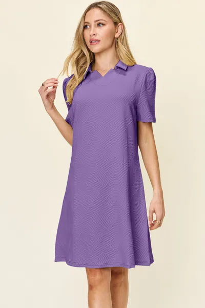 Fashnzfab Full Size Texture Collared Neck Short Sleeve Dress In Purple