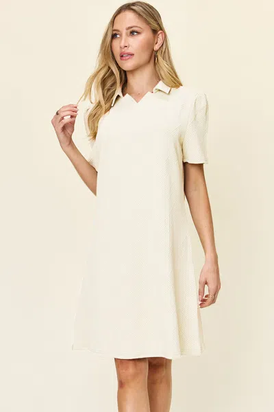 Fashnzfab Full Size Texture Collared Neck Short Sleeve Dress In White