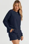Fashnzfab Full Size Texture Long Sleeve Top And Drawstring Shorts Set In Blue