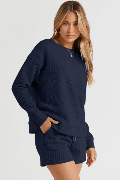 Fashnzfab Full Size Texture Long Sleeve Top And Drawstring Shorts Set In Blue