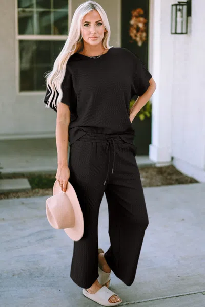 Fashnzfab Full Size Texture Short Sleeve Top And Pants Set In Black