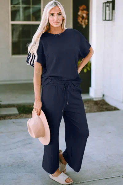 Fashnzfab Full Size Texture Short Sleeve Top And Pants Set In Blue