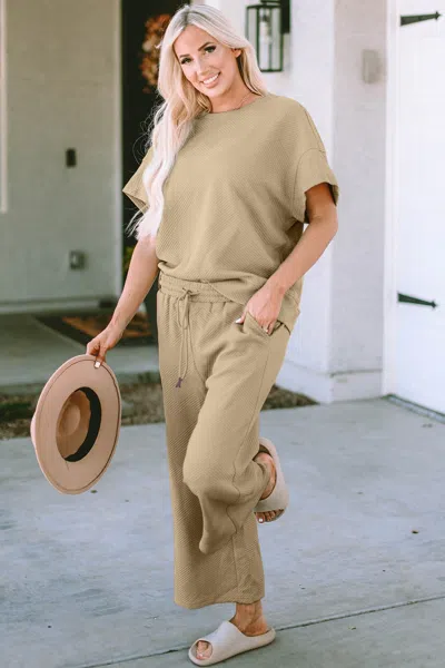 Fashnzfab Full Size Texture Short Sleeve Top And Pants Set In Brown