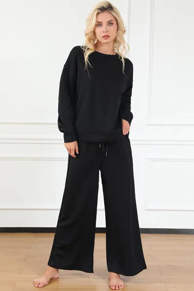 Fashnzfab Full Size Textured Long Sleeve Top And Drawstring Pants Set In Black