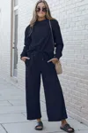 Fashnzfab Full Size Textured Long Sleeve Top And Drawstring Pants Set In Blue