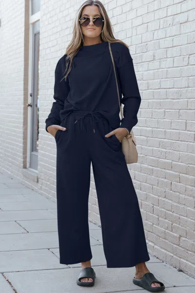 Fashnzfab Full Size Textured Long Sleeve Top And Drawstring Pants Set In Blue