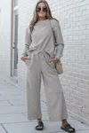 Fashnzfab Full Size Textured Long Sleeve Top And Drawstring Pants Set In Grey