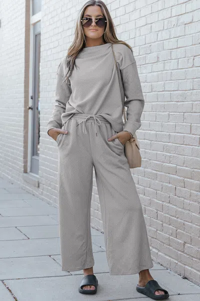 Fashnzfab Full Size Textured Long Sleeve Top And Drawstring Pants Set In Grey