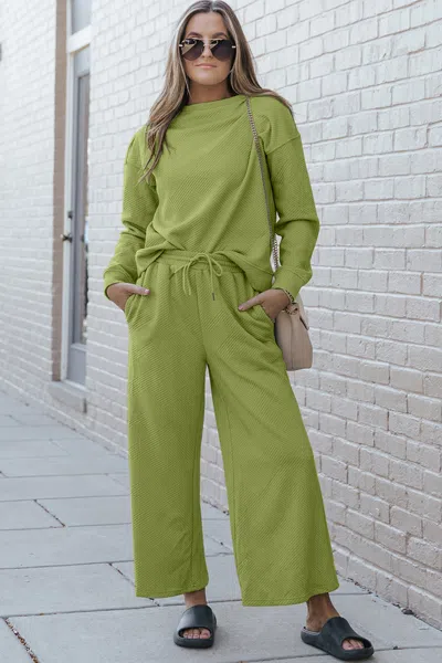 Fashnzfab Full Size Textured Long Sleeve Top And Drawstring Pants Set In Multi