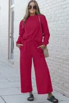 Fashnzfab Full Size Textured Long Sleeve Top And Drawstring Pants Set In Pink