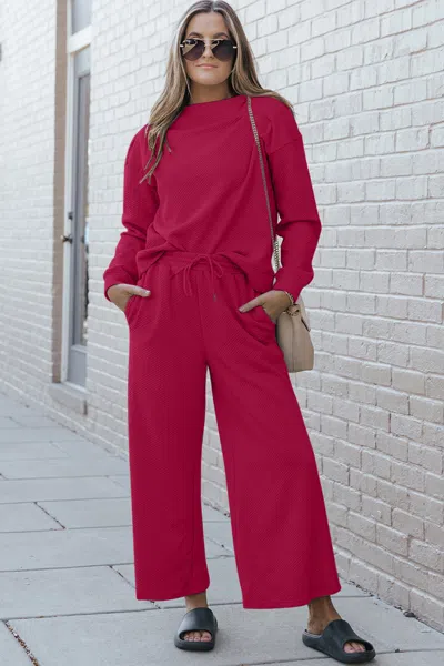 Fashnzfab Full Size Textured Long Sleeve Top And Drawstring Pants Set In Pink