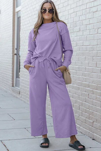 Fashnzfab Full Size Textured Long Sleeve Top And Drawstring Pants Set In Purple