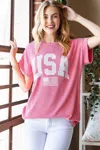 Fashnzfab Full Size Usa Graphic Short Sleeve Ribbed Top In Pink