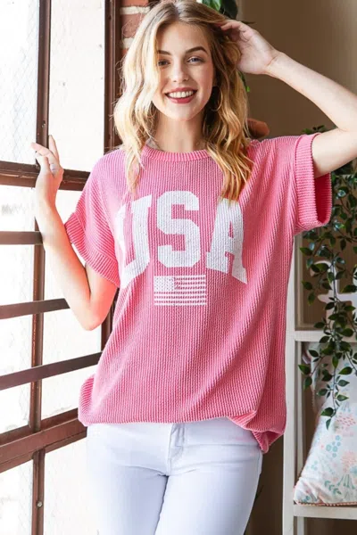 Fashnzfab Full Size Usa Graphic Short Sleeve Ribbed Top In Pink