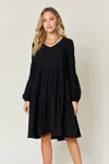 Fashnzfab Full Size V-neck Balloon Sleeve Tiered Dress With Pockets In Black