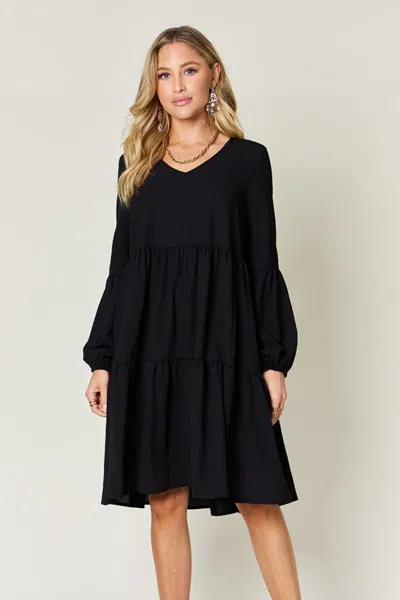 Fashnzfab Full Size V-neck Balloon Sleeve Tiered Dress With Pockets In Black