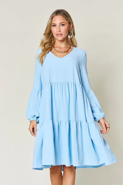 Fashnzfab Full Size V-neck Balloon Sleeve Tiered Dress With Pockets In Blue