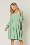Fashnzfab Full Size V-neck Balloon Sleeve Tiered Dress With Pockets In Green