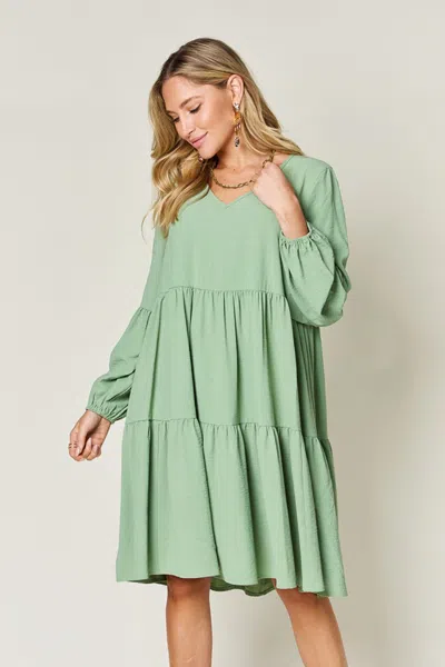 Fashnzfab Full Size V-neck Balloon Sleeve Tiered Dress With Pockets In Green