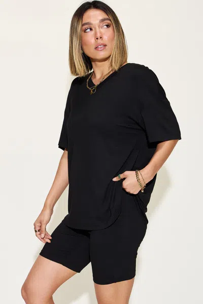 Fashnzfab Full Size V-neck Drop Shoulder T-shirt And Shorts Set In Black