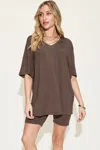 Fashnzfab Full Size V-neck Drop Shoulder T-shirt And Shorts Set In Gold