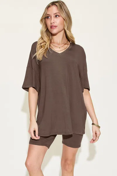 Fashnzfab Full Size V-neck Drop Shoulder T-shirt And Shorts Set In Gold