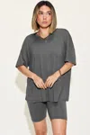 Fashnzfab Full Size V-neck Drop Shoulder T-shirt And Shorts Set In Grey