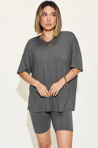Fashnzfab Full Size V-neck Drop Shoulder T-shirt And Shorts Set In Grey