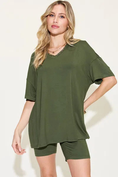 Fashnzfab Full Size V-neck Drop Shoulder T-shirt And Shorts Set In Multi