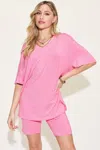 Fashnzfab Full Size V-neck Drop Shoulder T-shirt And Shorts Set In Pink