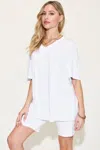 Fashnzfab Full Size V-neck Drop Shoulder T-shirt And Shorts Set In White