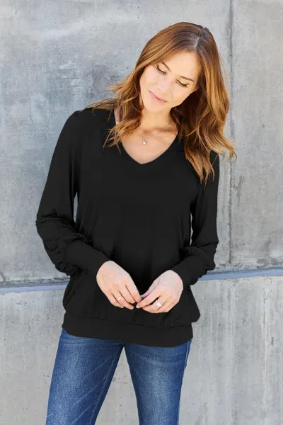Fashnzfab Full Size V-neck Lantern Sleeve Blouse In Black