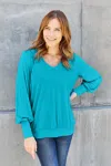 Fashnzfab Full Size V-neck Lantern Sleeve Blouse In Blue
