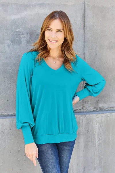 Fashnzfab Full Size V-neck Lantern Sleeve Blouse In Blue