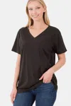 Fashnzfab Full Size V-neck Short Sleeve T-shirt In Black